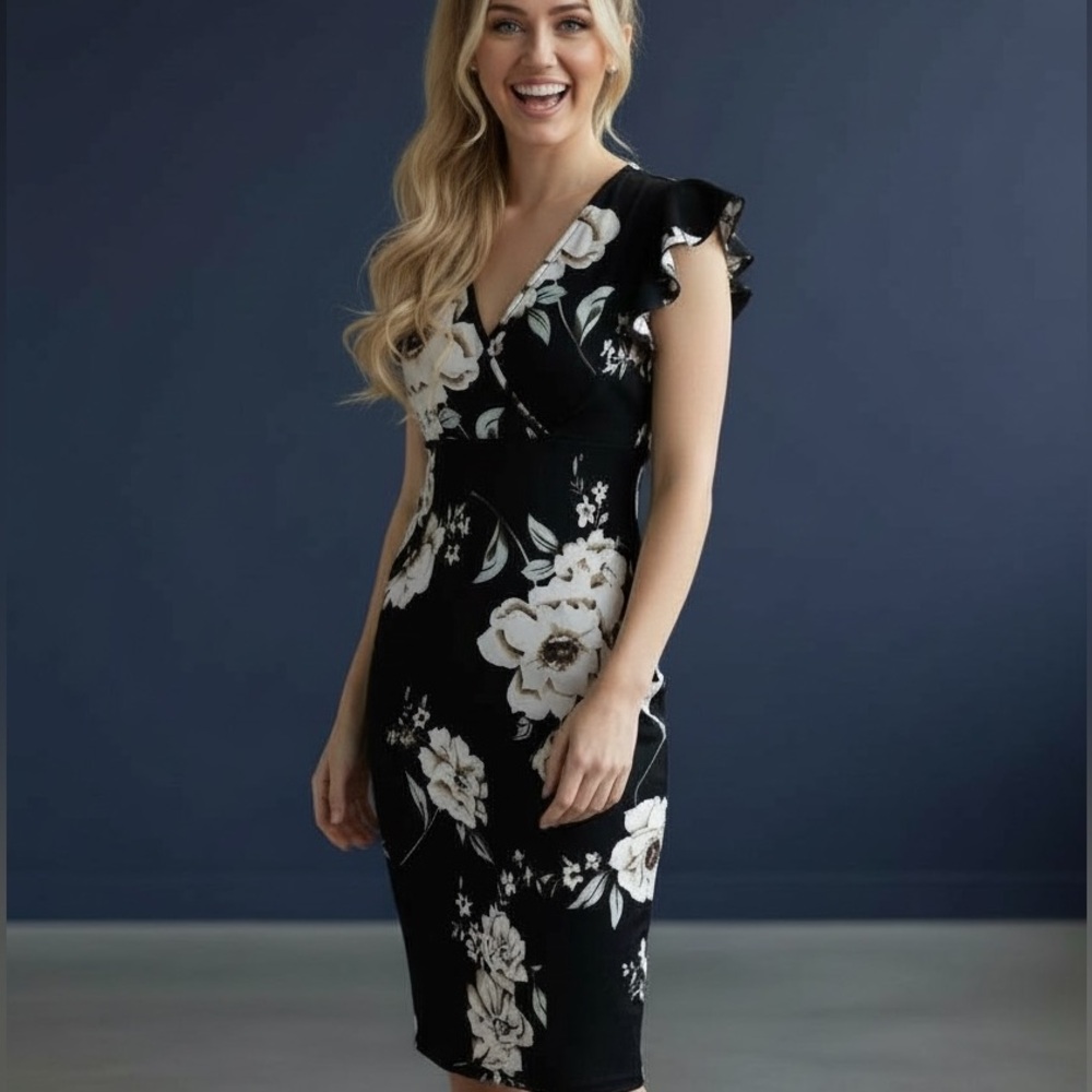 Floral Black Midi Dress - Picture 3 of 5